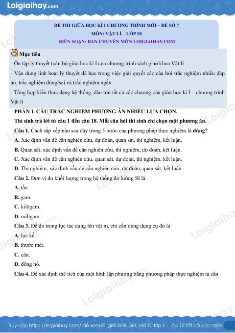 Đề thi giữa học kì 1 Vật lí 10 Cánh diều - Đề số 7